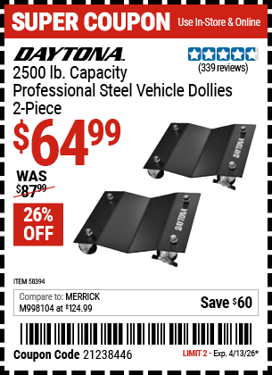 Harbor Freight Coupons, HF Coupons, 20% off - DAYTONA 2500 lb. Capacity Professional Steel Vehicle Dollies, 2-Piece for $69.99
