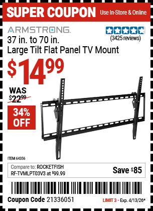 Harbor Freight Coupons, HF Coupons, 20% off - ARMSTRONG Large Tilt Flat Panel TV Mount for $19.99