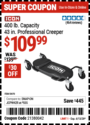 Harbor Freight Coupons, HF Coupons, 20% off - ICON 43 in. Professional Creeper for $109.99