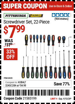 Harbor Freight Coupons, HF Coupons, 20% off - 22 Piece Screwdriver Set