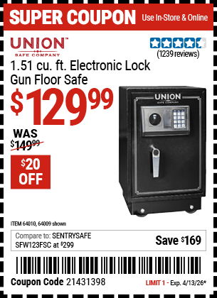 Harbor Freight Coupons, HF Coupons, 20% off - 1.51 Cubic Ft. Lock Gun Floor Safe