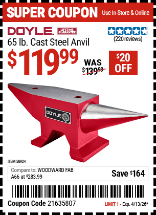 Harbor Freight Coupons, HF Coupons, 20% off - DOYLE 65 lb. Cast Steel Anvil for $139.99