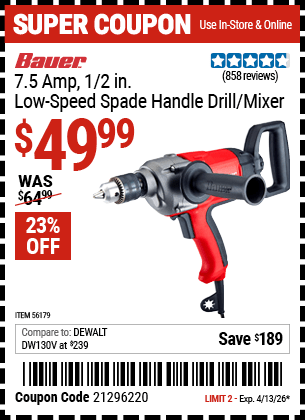 Harbor Freight Coupons, HF Coupons, 20% off - BAUER 1/2 in. Heavy Duty Low Speed Spade Handle Drill/Mixer