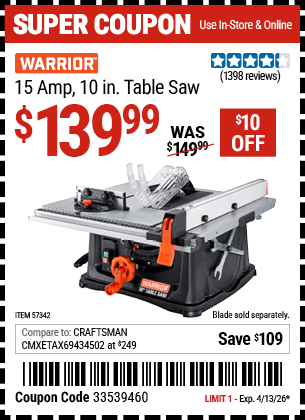 Harbor Freight Coupons, HF Coupons, 20% off - WARRIOR 10 in. 15 Amp Table Saw 