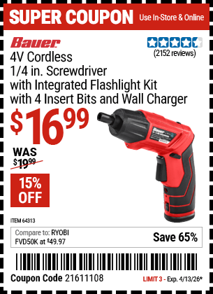 Harbor Freight Coupons, HF Coupons, 20% off - Bauer 3.7 Volt, 1/4