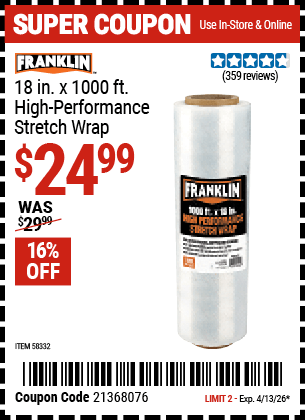 Harbor Freight Coupons, HF Coupons, 20% off - 18 in. x 1470 ft. High Performance Stretch Wrap