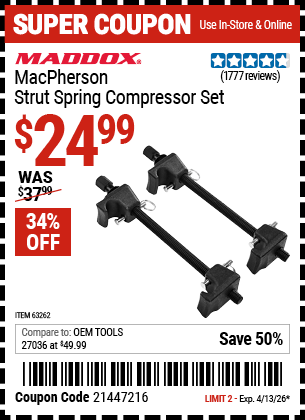 Harbor Freight Coupons, HF Coupons, 20% off - Macpherson Strut Spring Compressor Set