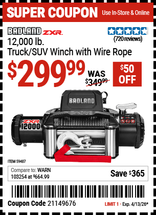 Harbor Freight Coupons, HF Coupons, 20% off - BADLAND ZXR 12 -000 lb. Truck/SUV Winch with Wire Rope 