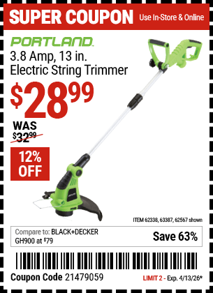 Harbor Freight Coupons, HF Coupons, 20% off - PORTLAND 13 in. Electric String Trimmer for $21.99