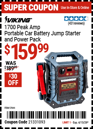 Harbor Freight Coupons, HF Coupons, 20% off - 1700 Peak Amp Portable Jump Starter and Power Pack
