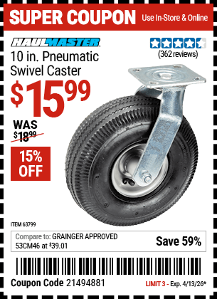 Harbor Freight Coupons, HF Coupons, 20% off - 10 in. Pneumatic Swivel Caster