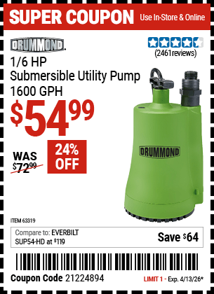 Harbor Freight Coupons, HF Coupons, 20% off - 1/6 Hp Submersible Utility Pump