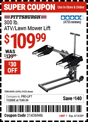 Harbor Freight Coupons, HF Coupons, 20% off - Atv/lawn Mower Lift