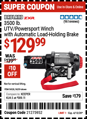 Harbor Freight Coupons, HF Coupons, 20% off - BADLAND 3500 Lb. ATV/Powersport 12V Winch With Automatic Load-Holding Brake for $119.99