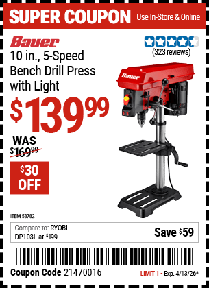 Harbor Freight Coupons, HF Coupons, 20% off - BAUER 10 in., 5-Speed Bench Drill Press with Light for $139.99