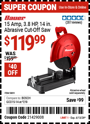 Harbor Freight Coupons, HF Coupons, 20% off - BAUER 15 Amp 3.8 HP 14 in. Abrasive Cut-Off Saw for $99.99