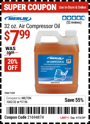 Harbor Freight Coupons, HF Coupons, 20% off - MERLIN 32 oz. Air Compressor Oil for $7.99