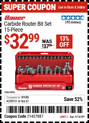 Harbor Freight Coupons, HF Coupons, 20% off - BAUER Carbide Router Bit Set 