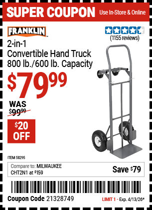 Harbor Freight Coupons, HF Coupons, 20% off - FRANKLIN 2-in-1 Convertible Hand Truck for $89.99