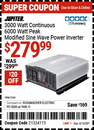 Harbor Freight Coupons, HF Coupons, 20% off - JUPITER 3000 Watt Continuous/6000 Watt Peak Modified Sine Wave Power Inverter 
