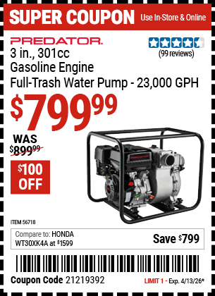Harbor Freight Coupons, HF Coupons, 20% off - 3 in.  301cc Gasoline Engine Full-Trash Water Pump - 23,000 GPH