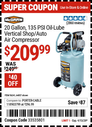 Harbor Freight Coupons, HF Coupons, 20% off - Mcgraw 20 Gallon, 135 Psi Oil-lube Air Compressor