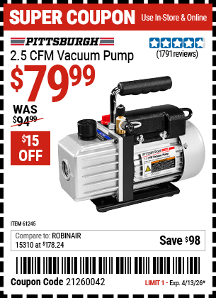 Harbor Freight Coupons, HF Coupons, 20% off - 2.5 Cfm Vacuum Pump