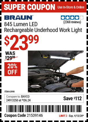 Harbor Freight Coupons, HF Coupons, 20% off - 845 Lumen Underhood Rechargeable Work Light