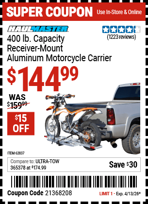 Harbor Freight Coupons, HF Coupons, 20% off - 400 Lb. Capacity Receiver-mount Motorcycle Carrier