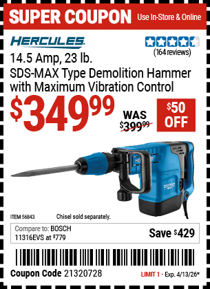 Harbor Freight Coupons, HF Coupons, 20% off - 14.5 Amp 23 lb. SDS Max-Type Demolition Hammer with Maximum Vibration Control
