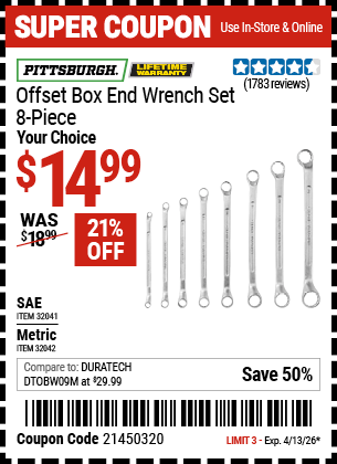 Harbor Freight Coupons, HF Coupons, 20% off - 8 Piece Offset Box Wrench Sets