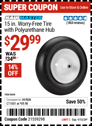 Harbor Freight Coupons, HF Coupons, 20% off - 15 in. Worry Free Tire with Polyurethane Hub