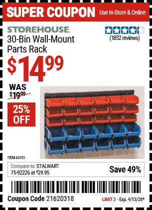 Harbor Freight Coupons, HF Coupons, 20% off - 30 Bin Wall Mount Parts Rack