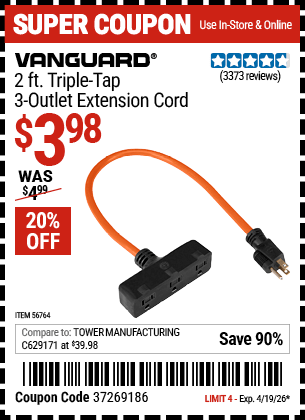 Harbor Freight Coupons, HF Coupons, 20% off - Vanguard 2 ft. Triple Tap 3-Outlet Extension Cord for $3.99
