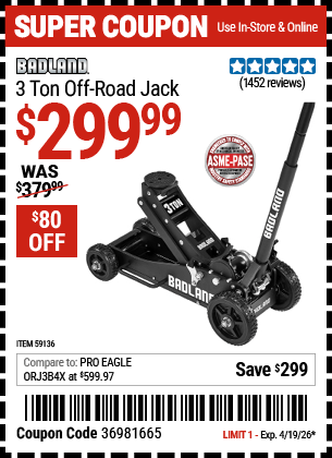 Harbor Freight Coupons, HF Coupons, 20% off - BADLAND 3 Ton Off-Road Jack 