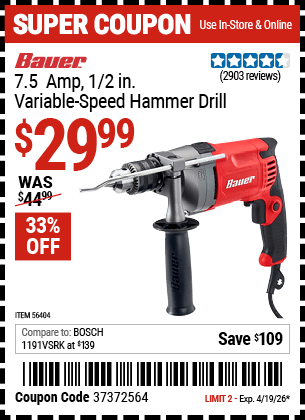 Harbor Freight Coupons, HF Coupons, 20% off - 1/2 in.  7.5  Amp Variable Speed Reversible Hammer Drill