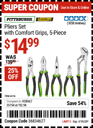 Harbor Freight Coupons, HF Coupons, 20% off - 5 Piece Pliers Set With Comfort Grips