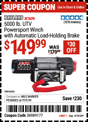 Harbor Freight Coupons, HF Coupons, 20% off - BADLAD ZXR 5000 lb.