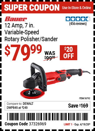 Harbor Freight Coupons, HF Coupons, 20% off - BAUER Corded 12 Amp, 7 in. Variable Speed Rotary Polisher/Sander for $79.99