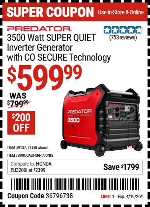 Harbor Freight Coupons, HF Coupons, 20% off - PREDATOR 3500 Watt Super Quiet Inverter Generator with CO SECURE� Technology 