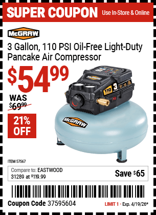 Harbor Freight Coupons, HF Coupons, 20% off - 3 Gallon 1/3 HP 110 PSI Oil-Free Pancake Air Compressor