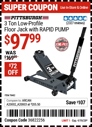 Harbor Freight Coupons, HF Coupons, 20% off - PITTSBURGH 3-Ton Low-Profile Floor Jack with RAPID PUMP 