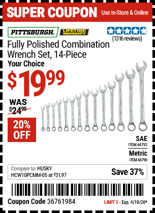 Harbor Freight Coupons, HF Coupons, 20% off - 14 Piece Fully Polished Combination Wrench Sets