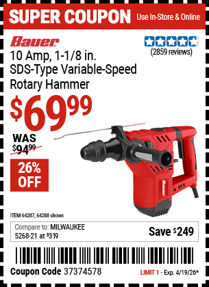 Harbor Freight Coupons, HF Coupons, 20% off - BAUER 1-1/8 in. SDS Variable Speed Pro Rotary Hammer Kit for $69.99