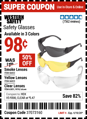 Harbor Freight Coupons, HF Coupons, 20% off - Clear Lens Safety Glasses