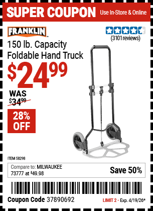 Harbor Freight Coupons, HF Coupons, 20% off - FRANKLIN 150 lb. Capacity Foldable Hand Truck 