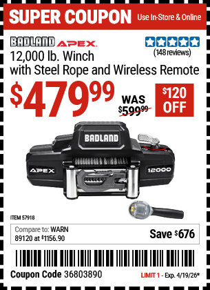 Harbor Freight Coupons, HF Coupons, 20% off - APEX 12,000 lb. Winch with Steel Rope and Wireless Remote