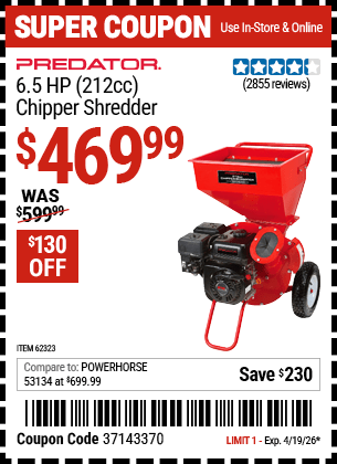 Harbor Freight Coupons, HF Coupons, 20% off - Chipper/shredder With 6.5 Hp Gas Engine (212 Cc)