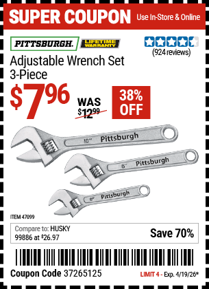Harbor Freight Coupons, HF Coupons, 20% off - 3 Piece Adjustable Wrench Set