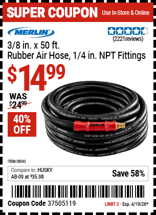 Harbor Freight Coupons, HF Coupons, 20% off - MERLIN 3/8 in. x 50 ft. Rubber Air Hose 